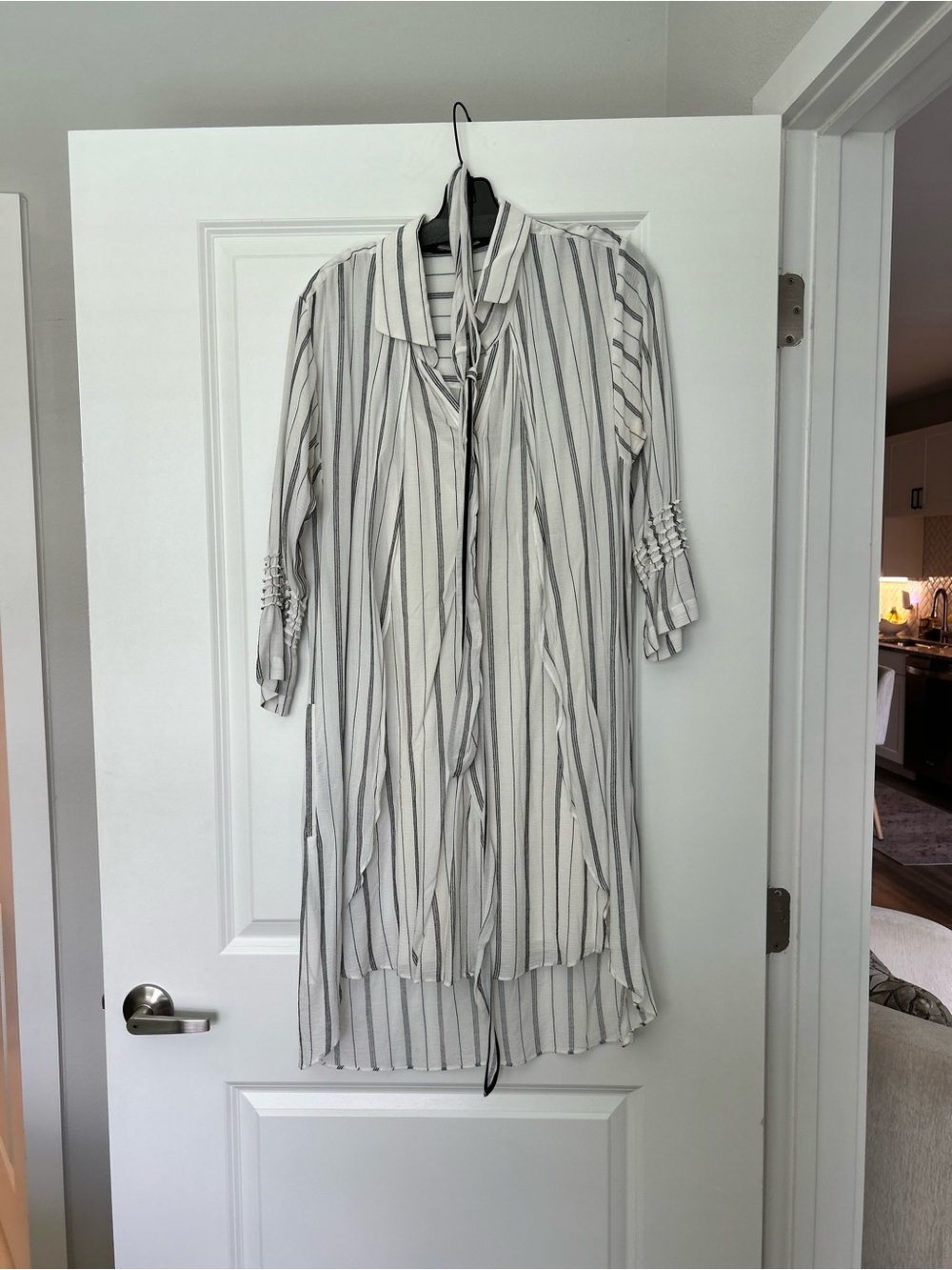 Halston Heritage White and Gray Striped Midi Shirt Dress